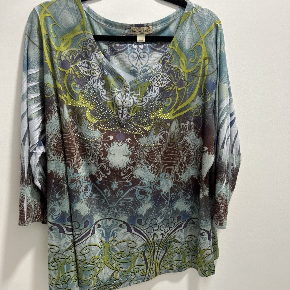 Live & Let Live Women's 2X V Neck 3/4 Sleeve Button Jewels Brown Blue's Green‎